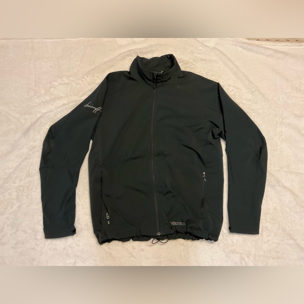 Marmot black fall jacket. Size XL. Good condition. Smirnoff logo.